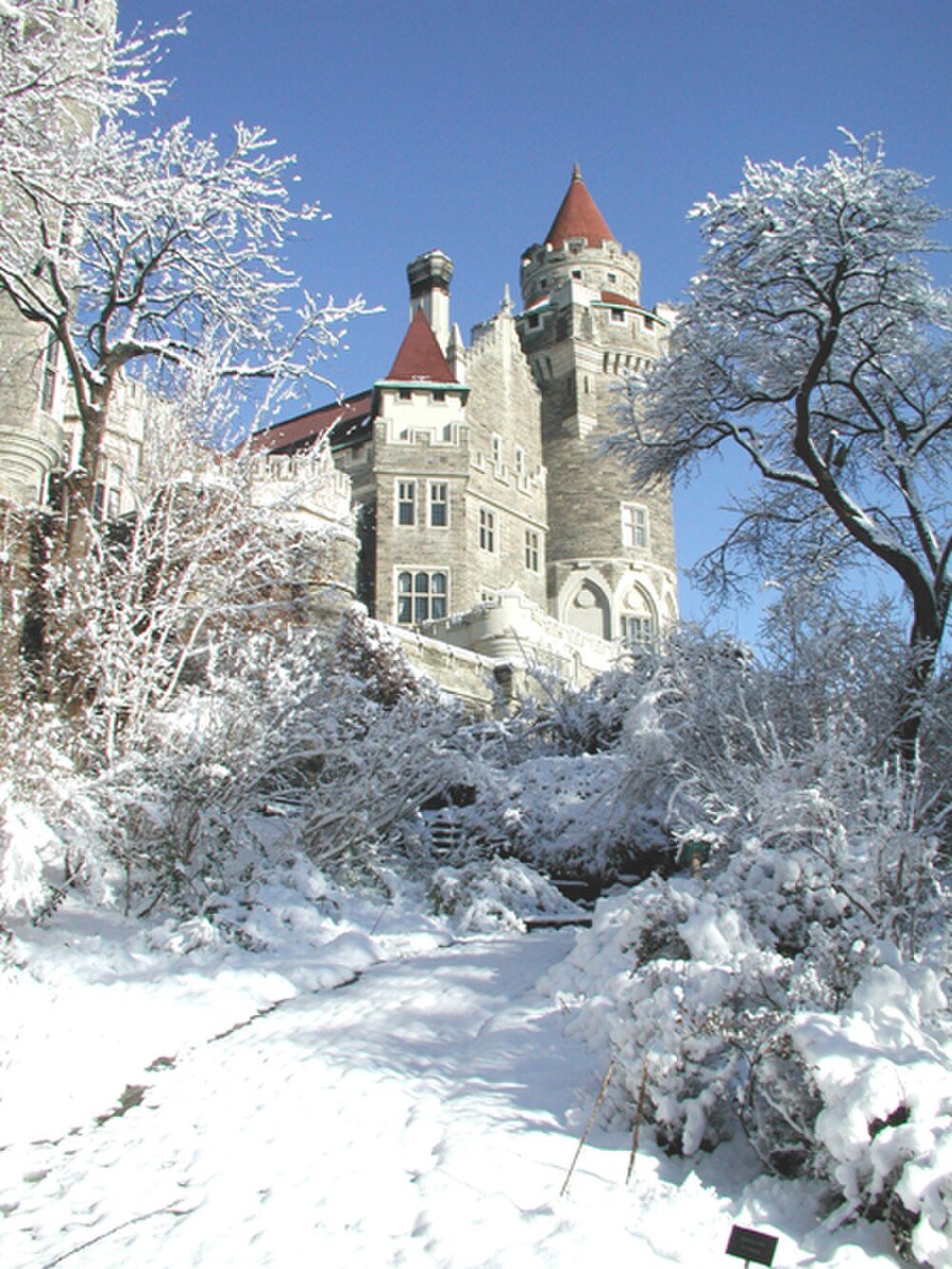 Met sneeuw bedekt kasteel met rode daken op een heldere winterdag Historisch stenen kasteel met rode daken omgeven door met sneeuw bedekte bomen en struiken onder een heldere blauwe winterlucht