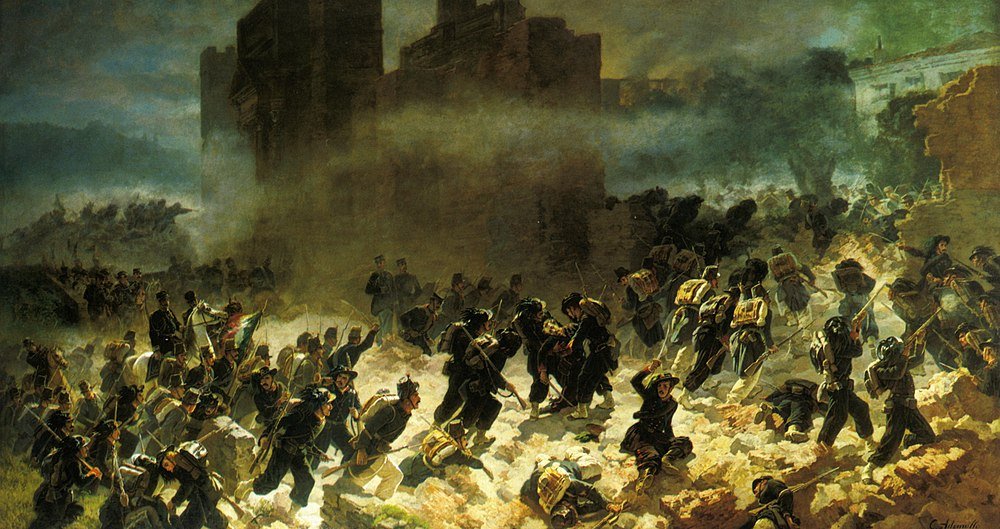 Historische Veldslagscène met Soldaten in Ruïnes Historische veldslagscène met soldaten die door rook en ruïnes oprukken tijdens een hevig conflict in een oorlogsomgeving