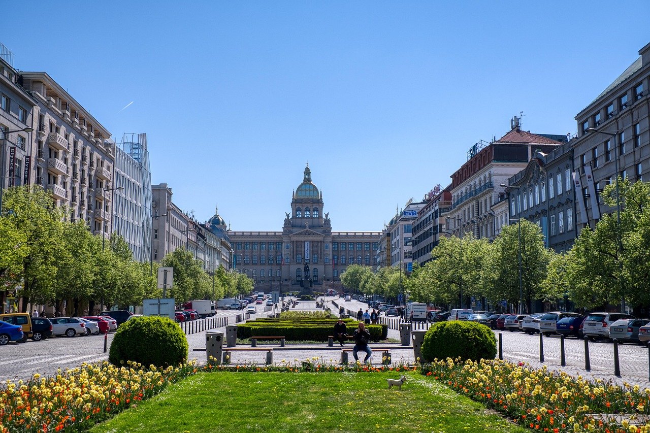 Breed zicht op een historische Europese stadsstraat met groene bomen, kleurrijke bloemen, geparkeerde auto's en een groot gebouw met een koepel