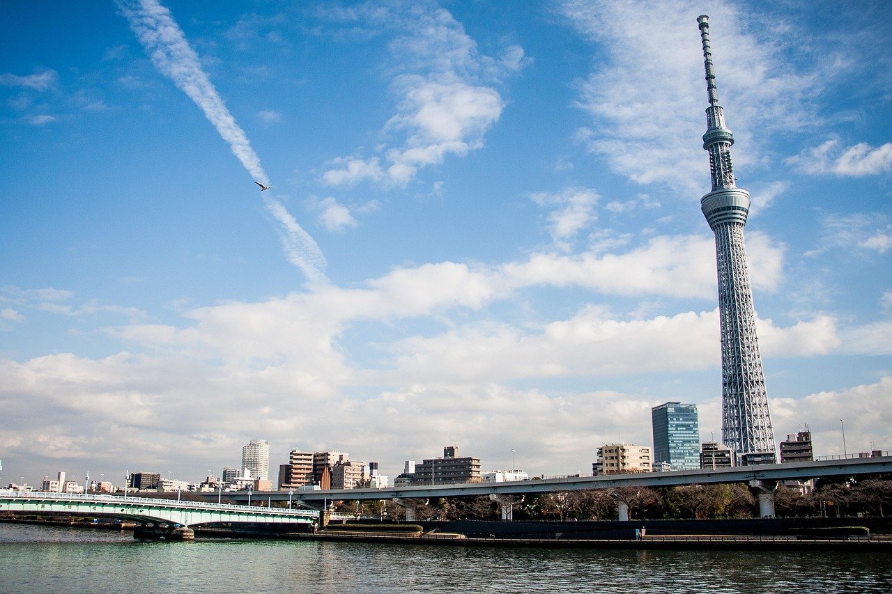Tokio stadsgezicht met Tokyo Skytree toren, rivier, bruggen, en blauwe lucht met wolken en een vogel die vliegt