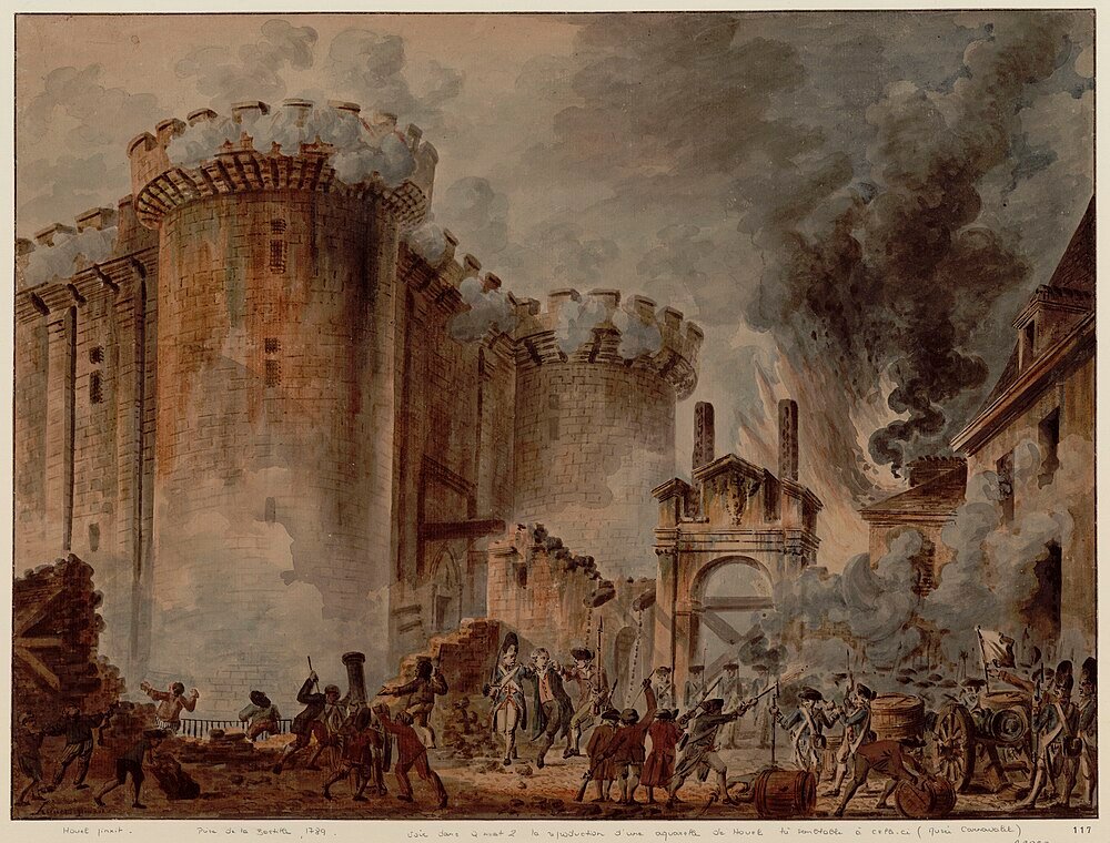 Bestorming van de Bastille, Franse Revolutie 1789 Historisch schilderij dat de bestorming van de Bastille-vesting in Parijs tijdens de Franse Revolutie in 1789 met soldaten en rook afbeeldt.