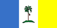 Vlag van Martinique met een blauwe, witte en gele verticale driekleur met een centrale groene palmboom op een kleine heuvel