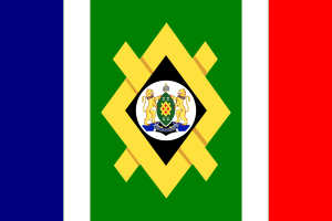 Vlag van Mato Grosso do Sul, Braziliaanse staat met groene, gele, blauwe, witte en rode kleuren en staatswapen in het midden