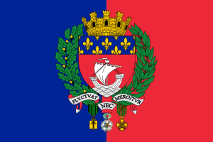 Vlag van Parijs met scheepsembleem en lelie Vlag van Parijs met een rood en blauw verticale tweekleur met een scheepsembleem, lelie en lauwerkrans die de stad symboliseren.