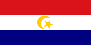 Vlag met horizontale rode, witte en blauwe strepen met een gele halve maan en ster in het midden, symboliserend islamitisch erfgoed.