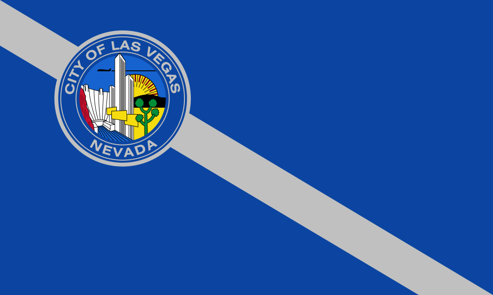 Vlag van de Stad Las Vegas Nevada met Zegel Vlag van de Stad Las Vegas Nevada met stadszegel met skyline, woestijnlandschap en blauwe achtergrond met diagonale grijze streep