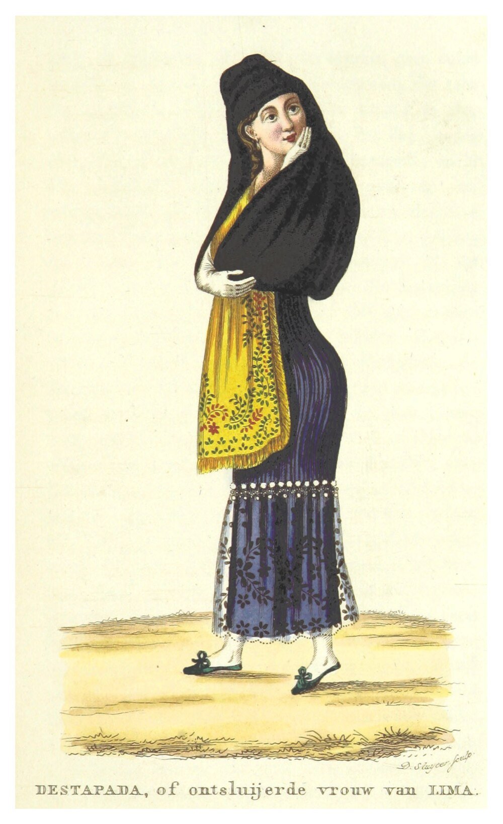 Traditionele Destapada Vrouw uit Lima Illustratie van een traditionele vrouw uit Lima die een destapada-outfit draagt met kleurrijke sjaal en lange rok