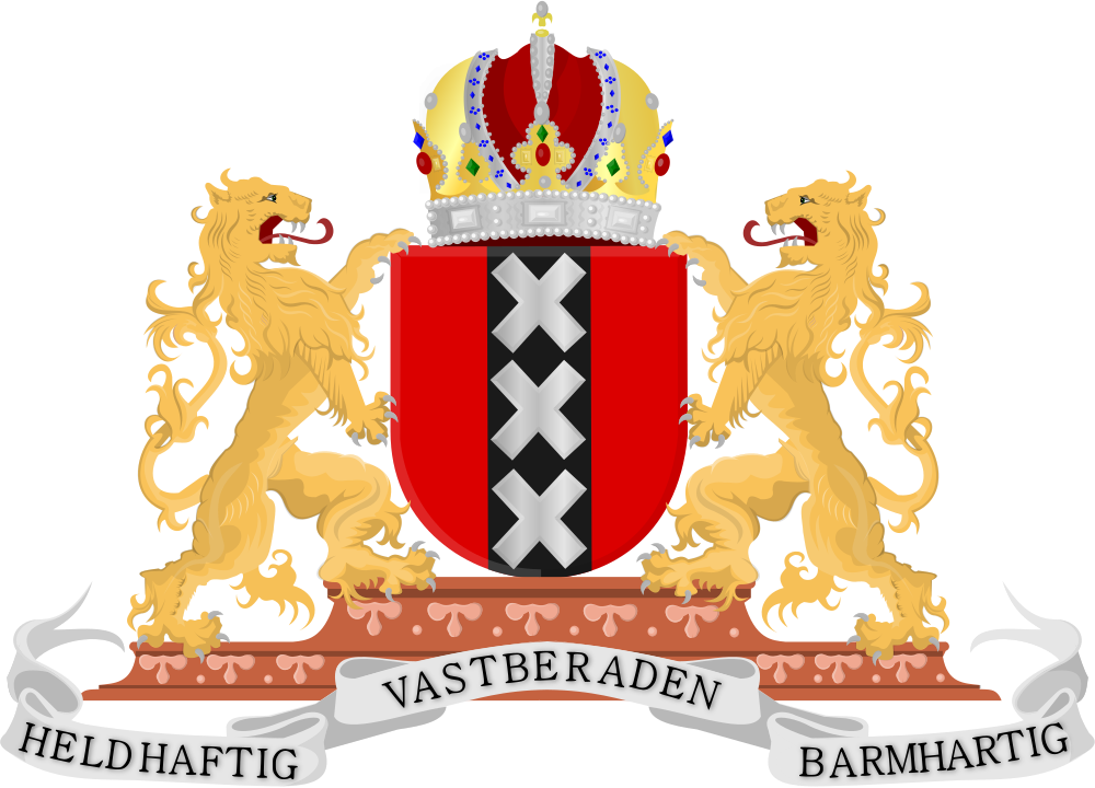 Wapen van Amsterdam met Leeuwen en Kroon Wapen van Amsterdam met twee gouden leeuwen, een rood schild met drie zilveren kruisen en een koninklijke kroon bovenop