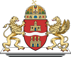Heraldiek wapen met leeuw en griffioen supporters Wapen met een gekroond schild met kastelen, ondersteund door een leeuw en een griffioen, symboliserend kracht en erfgoed.