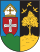 Heraldisch wapenschild met leeuw en kruis symbolen Wapenschild met een rood schild met een wit kruis, een gouden leeuw en een groene heuvel met een blauwe achtergrond