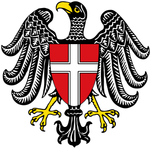 Zwarte adelaar met Milaan stadswapen embleem Zwarte adelaar met gele snavel en klauwen die een rood schild met een wit kruis vasthoudt, symbool van de stad Milaan, Italië