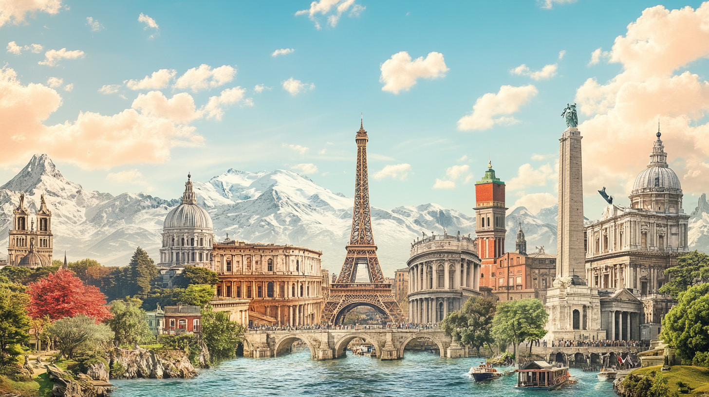 Beroemde Europese bezienswaardigheden waaronder de Eiffeltoren, het Colosseum en historische gebouwen met bergen en rivierlandschap