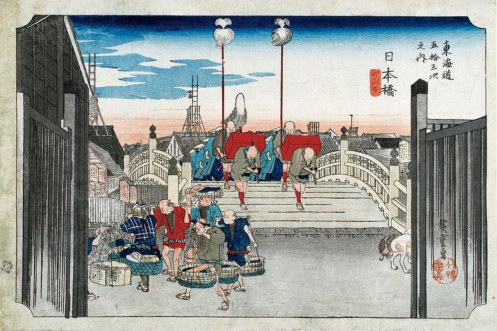 Nihonbashi-brug in Edo, houtsnede uit 1832 door Hiroshige