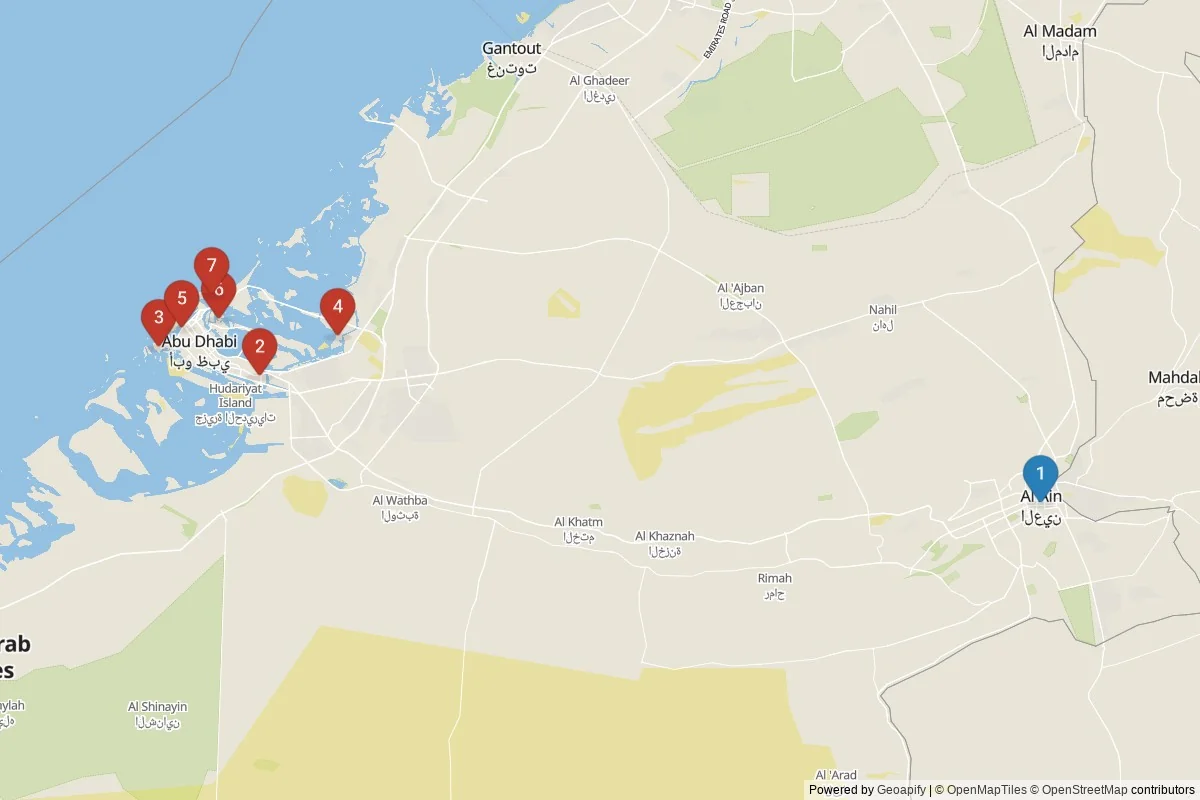 Kaart van Abu Dhabi bezienswaardigheden — 7 POI's in 2 cluster(s); dagtochten in de tabel