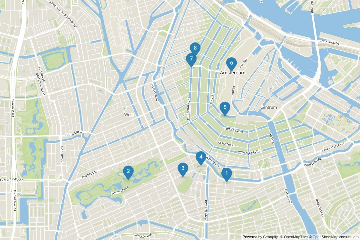 Kaart van Amsterdam bezienswaardigheden — 8 POI's in 1 cluster(s); dagtochten in de tabel