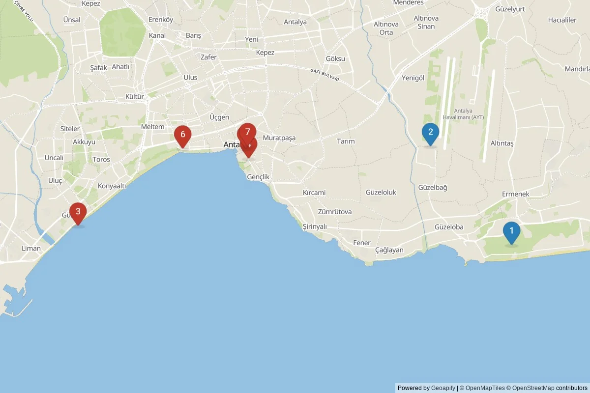 Kaart van Antalya bezienswaardigheden — 7 POI's in 2 cluster(s); dagtochten in de tabel