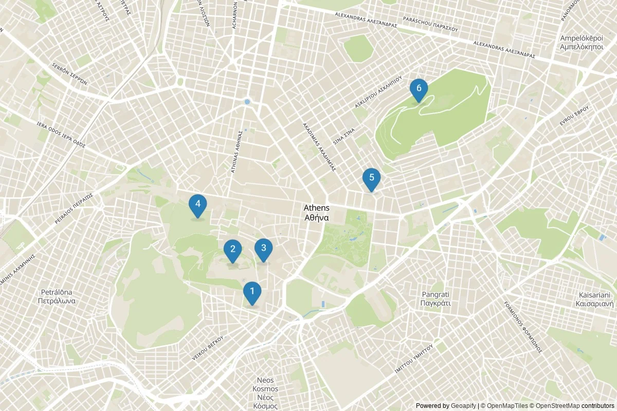 Kaart van Athene bezienswaardigheden — 6 POI's in 1 cluster(s); dagtochten in de tabel
