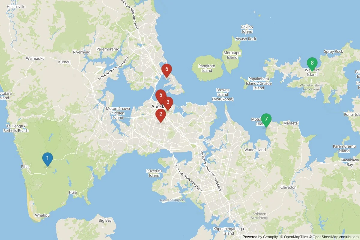 Kaart van Auckland bezienswaardigheden — 8 POI's in 3 cluster(s); dagtochten in de tabel