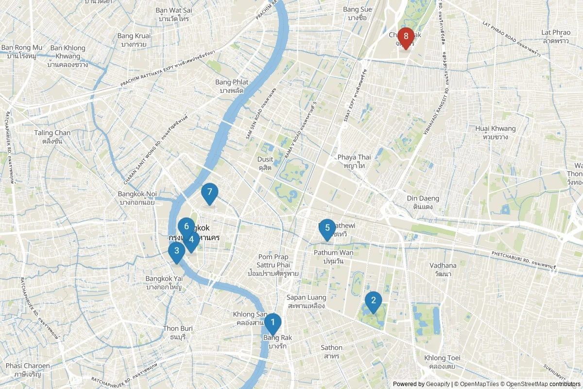 Kaart van Bangkok bezienswaardigheden — 8 POI's in 2 cluster(s); dagtochten in de tabel