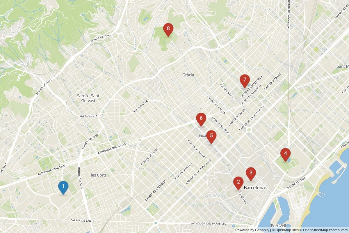 Kaart van Barcelona bezienswaardigheden — 8 POI's in 2 cluster(s); dagtochten in de tabel