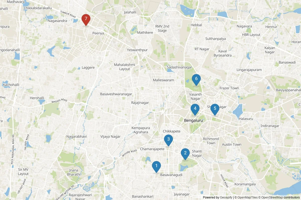 Kaart van Bangalore bezienswaardigheden — 7 POI's in 2 cluster(s); dagtochten in de tabel