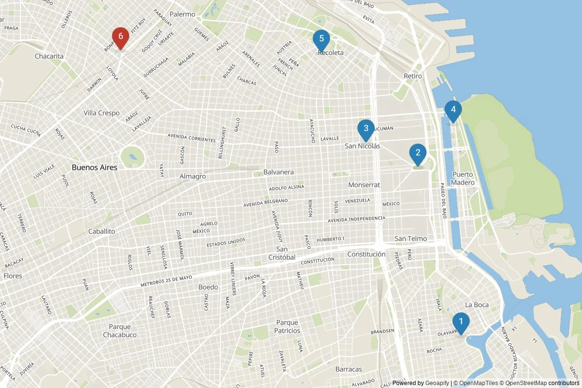 Kaart van Buenos Aires bezienswaardigheden — 6 POI's in 2 cluster(s); dagtochten in de tabel