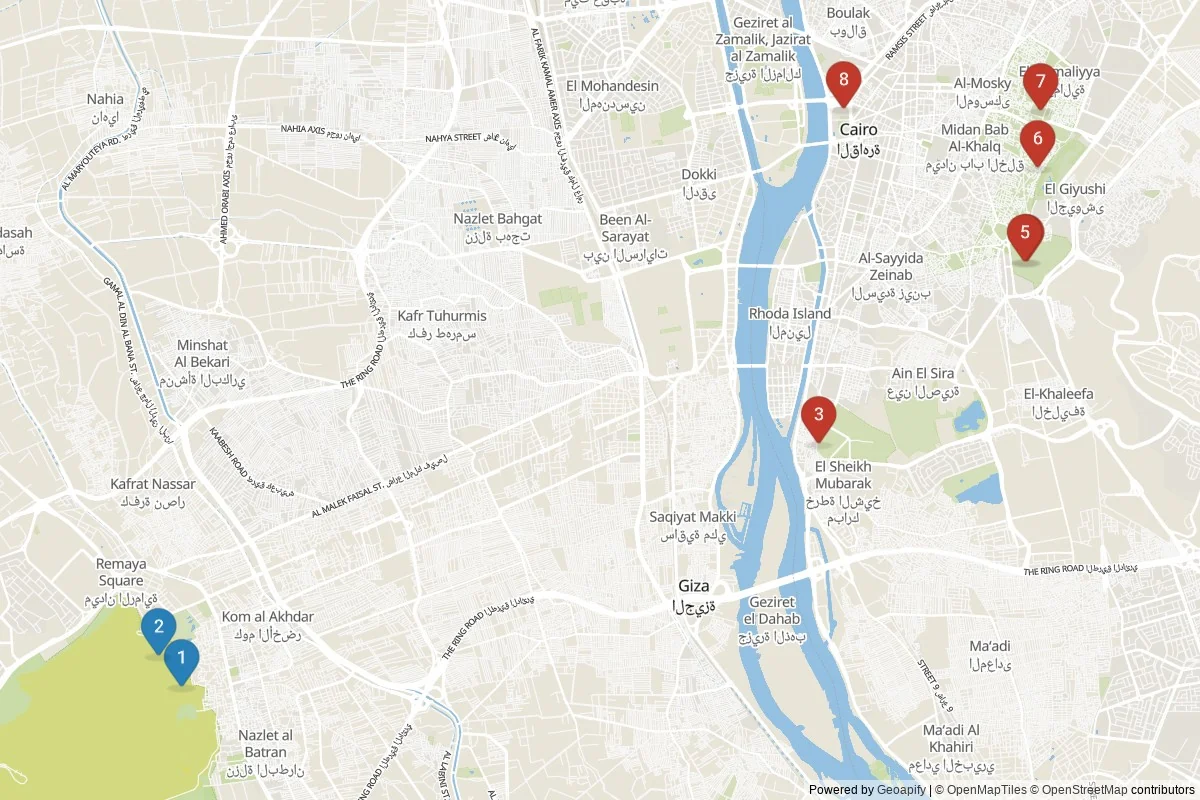 Kaart van Caïro bezienswaardigheden — 8 POI's in 2 cluster(s); dagtochten in de tabel