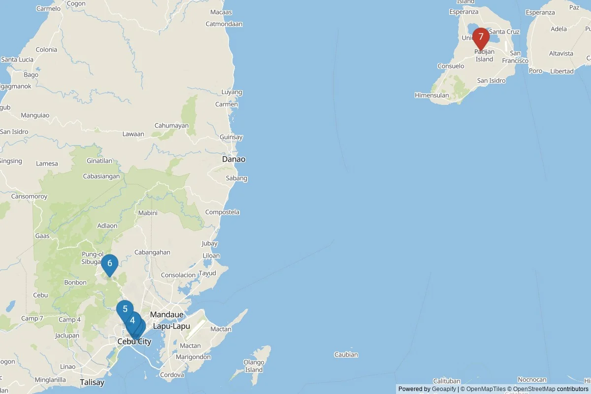 Kaart van Cebu City bezienswaardigheden — 7 POI's in 2 cluster(s); dagtochten in de tabel