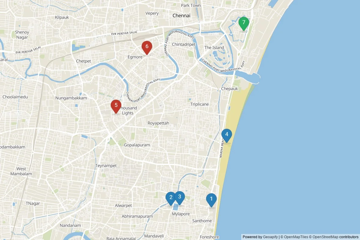 Kaart van Chennai bezienswaardigheden — 7 POI's in 3 cluster(s); dagtochten in de tabel