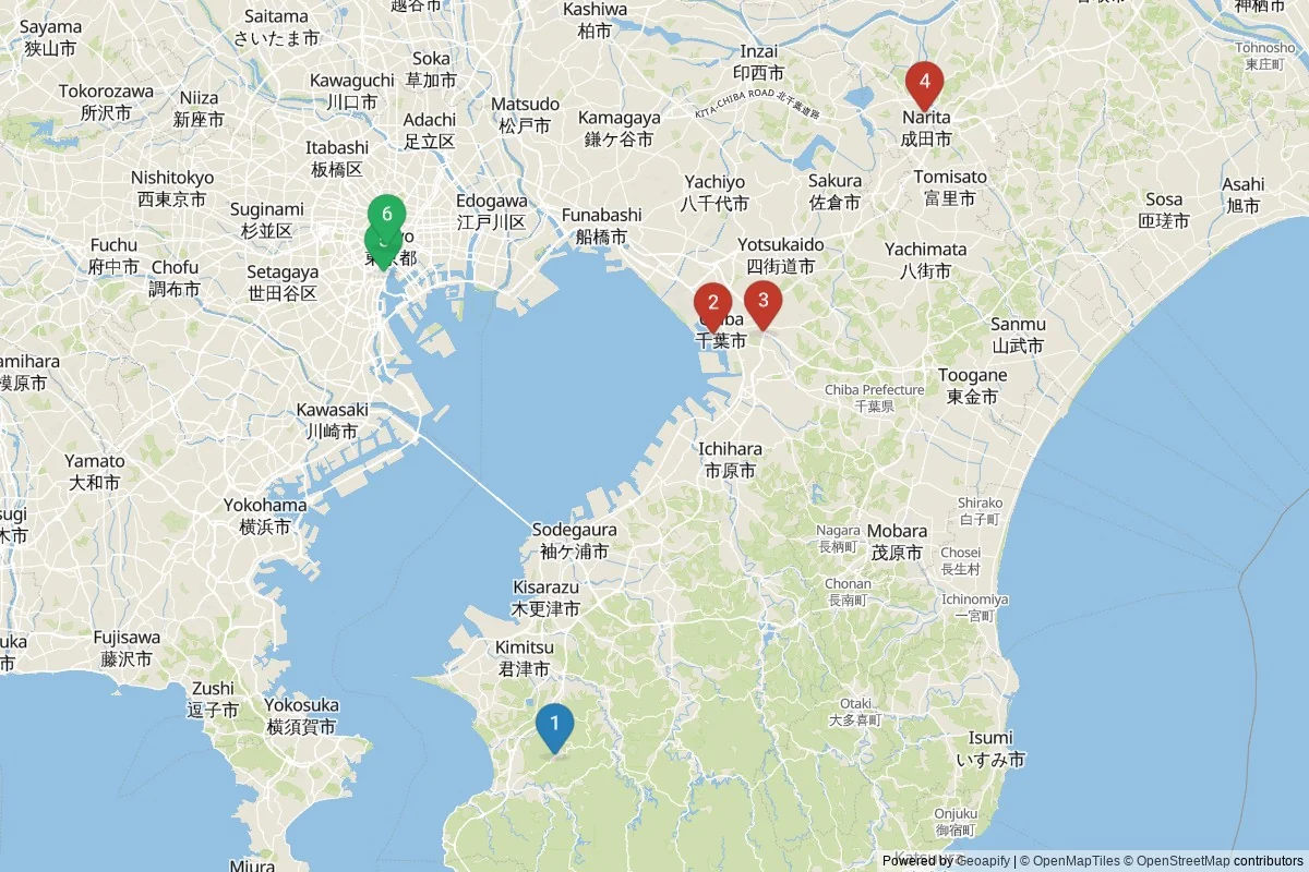 Kaart van Chiba bezienswaardigheden — 6 POI's in 3 cluster(s); dagtochten in de tabel