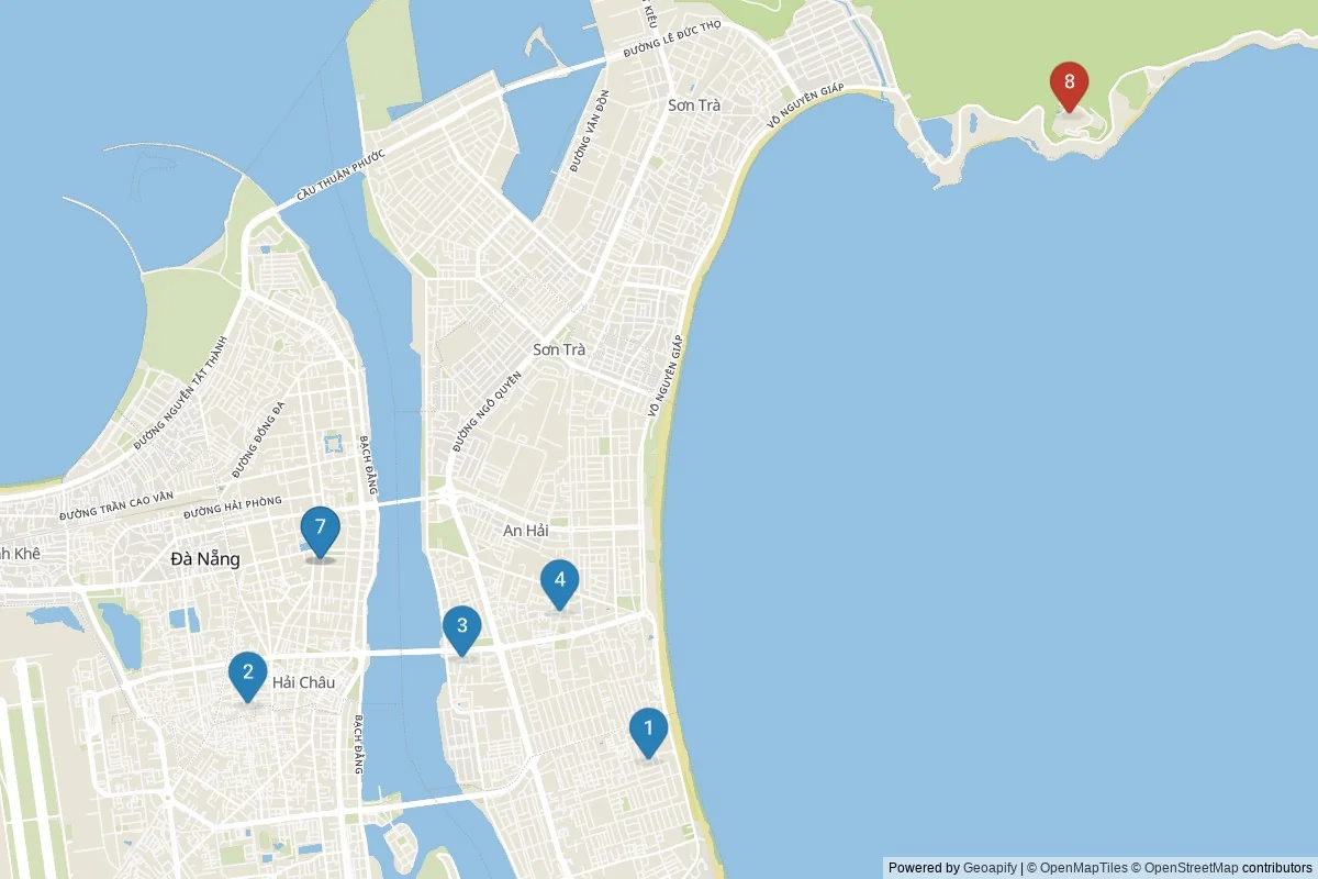 Kaart van Da Nang bezienswaardigheden — 8 POI's in 2 cluster(s); dagtochten in de tabel