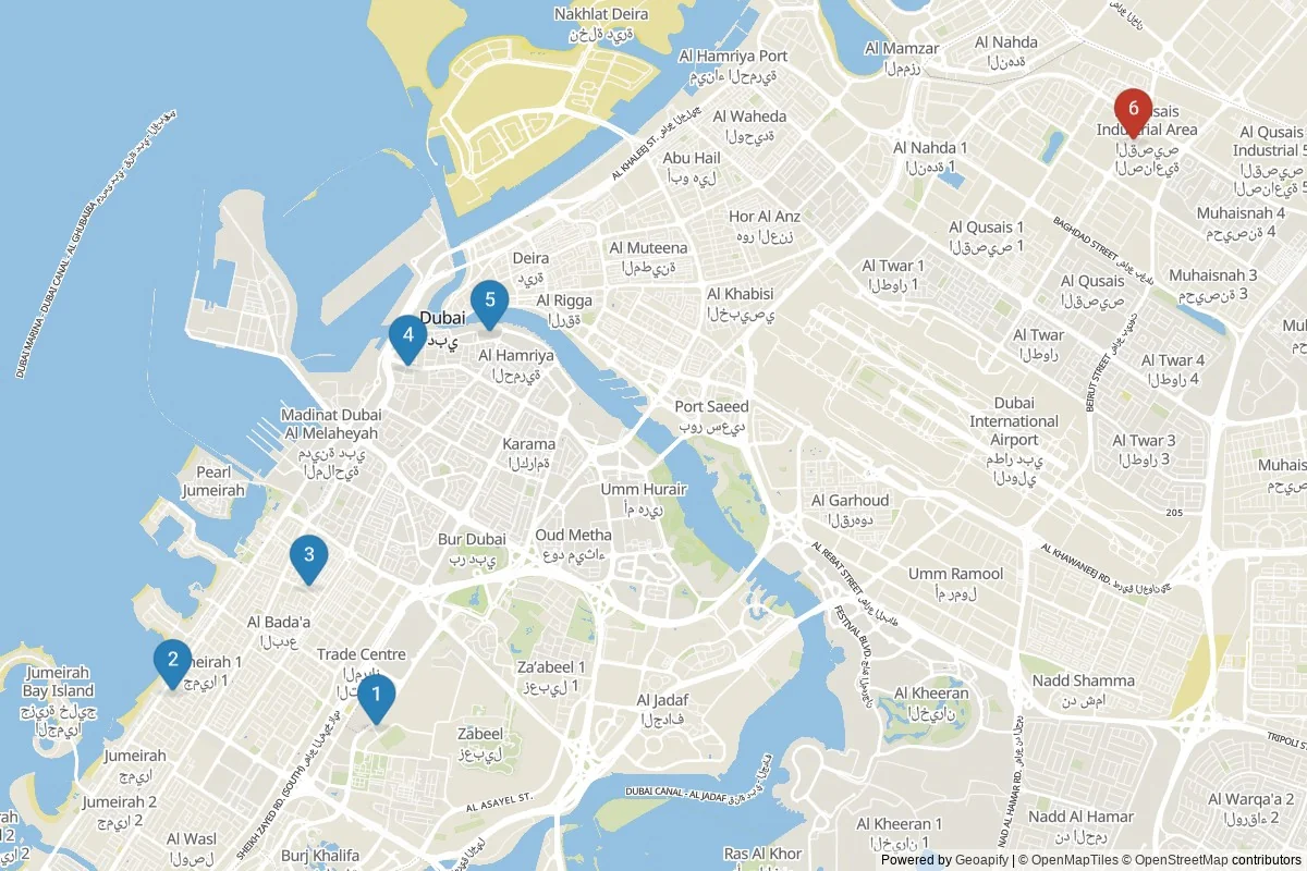 Kaart van Dubai bezienswaardigheden — 6 POI's in 2 cluster(s); dagtochten in de tabel