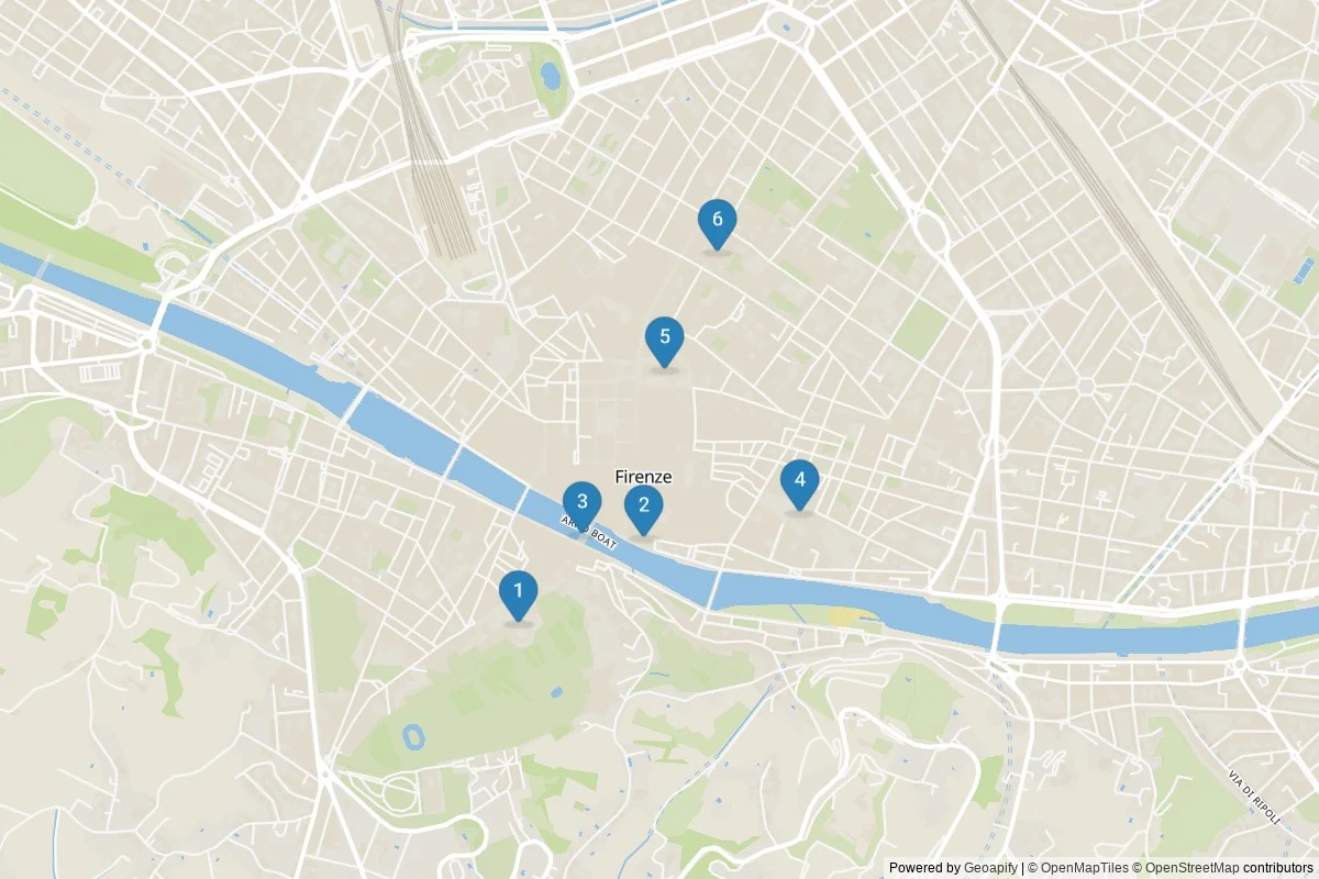 Kaart van Florence bezienswaardigheden — 6 POI's in 1 cluster(s); dagtochten in de tabel