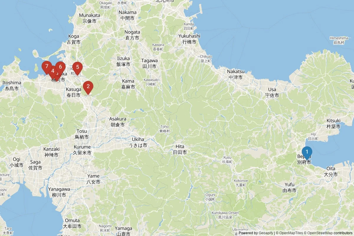 Kaart van Fukuoka bezienswaardigheden — 7 POI's in 2 cluster(s); dagtochten in de tabel
