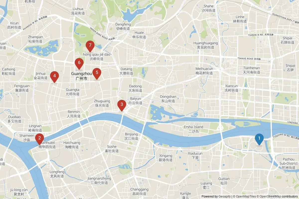 Kaart van Guangzhou bezienswaardigheden — 7 POI's in 2 cluster(s); dagtochten in de tabel