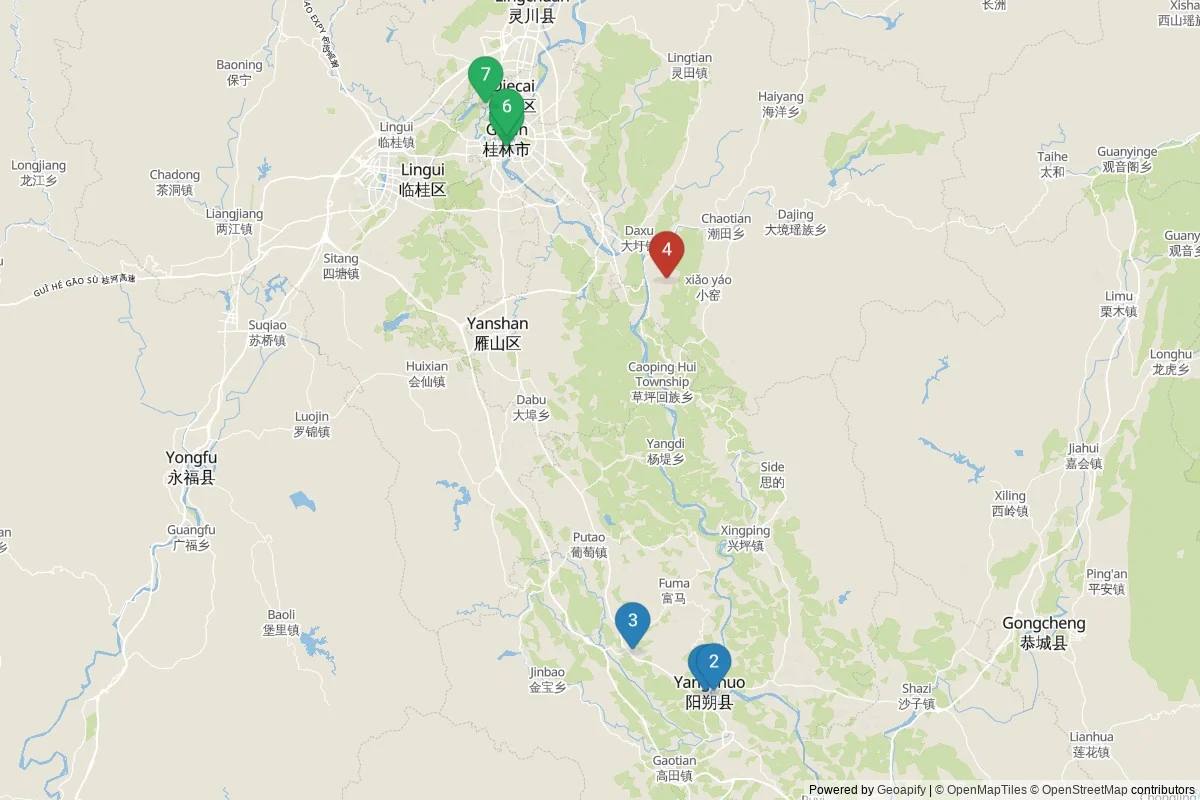 Kaart van Guilin bezienswaardigheden — 7 POI's in 3 cluster(s); dagtochten in de tabel
