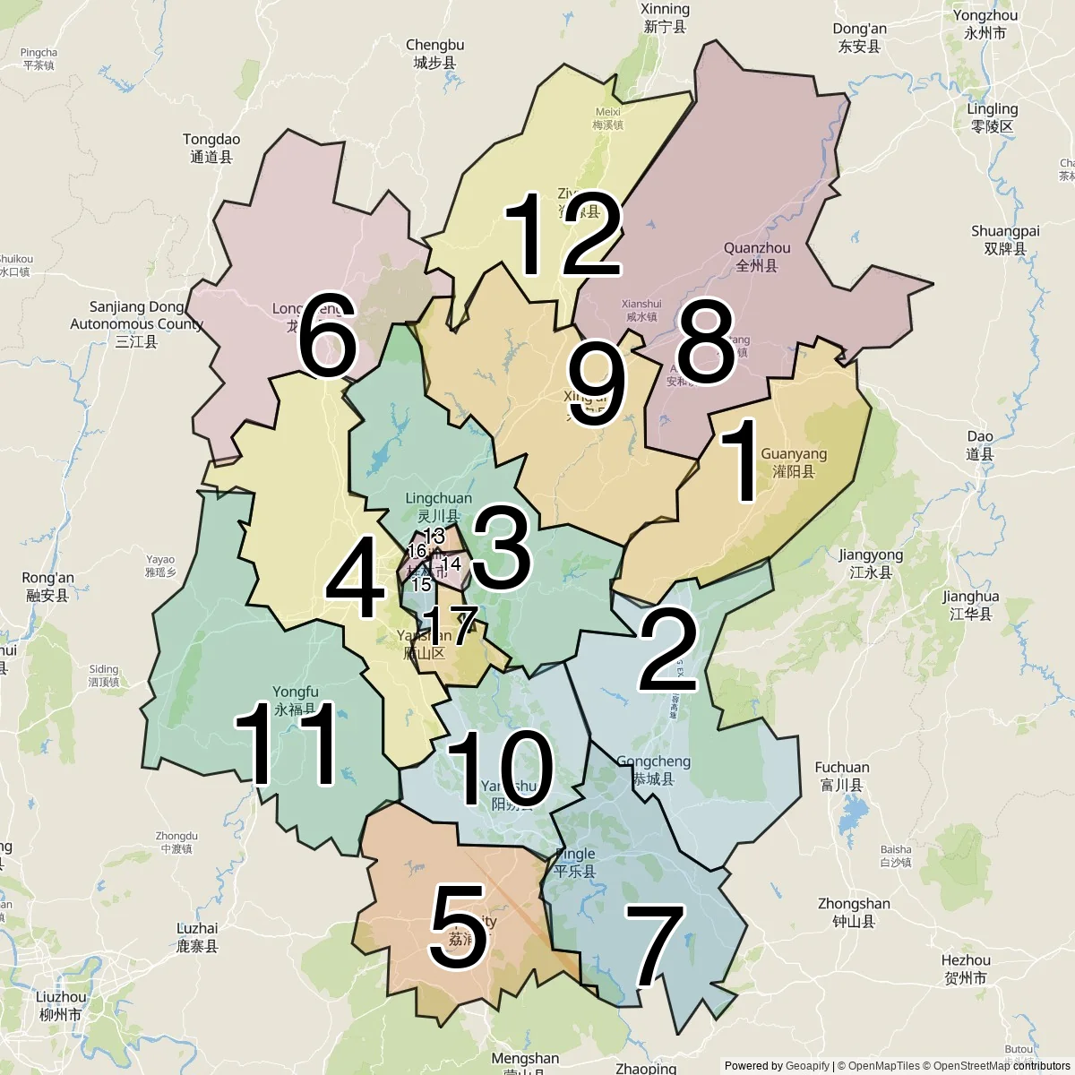 Guilin districten en counties