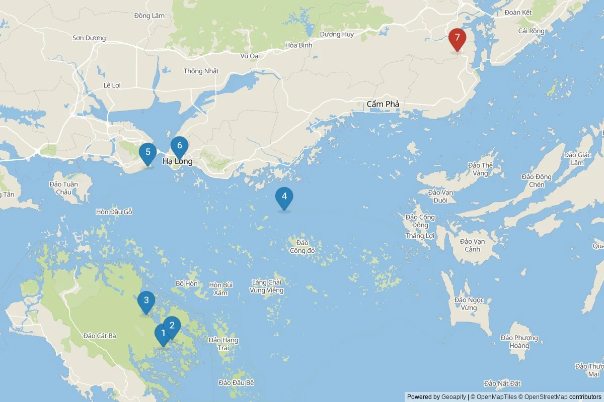 Kaart van Ha Long bezienswaardigheden — 7 POI's in 2 cluster(s); dagtochten in de tabel