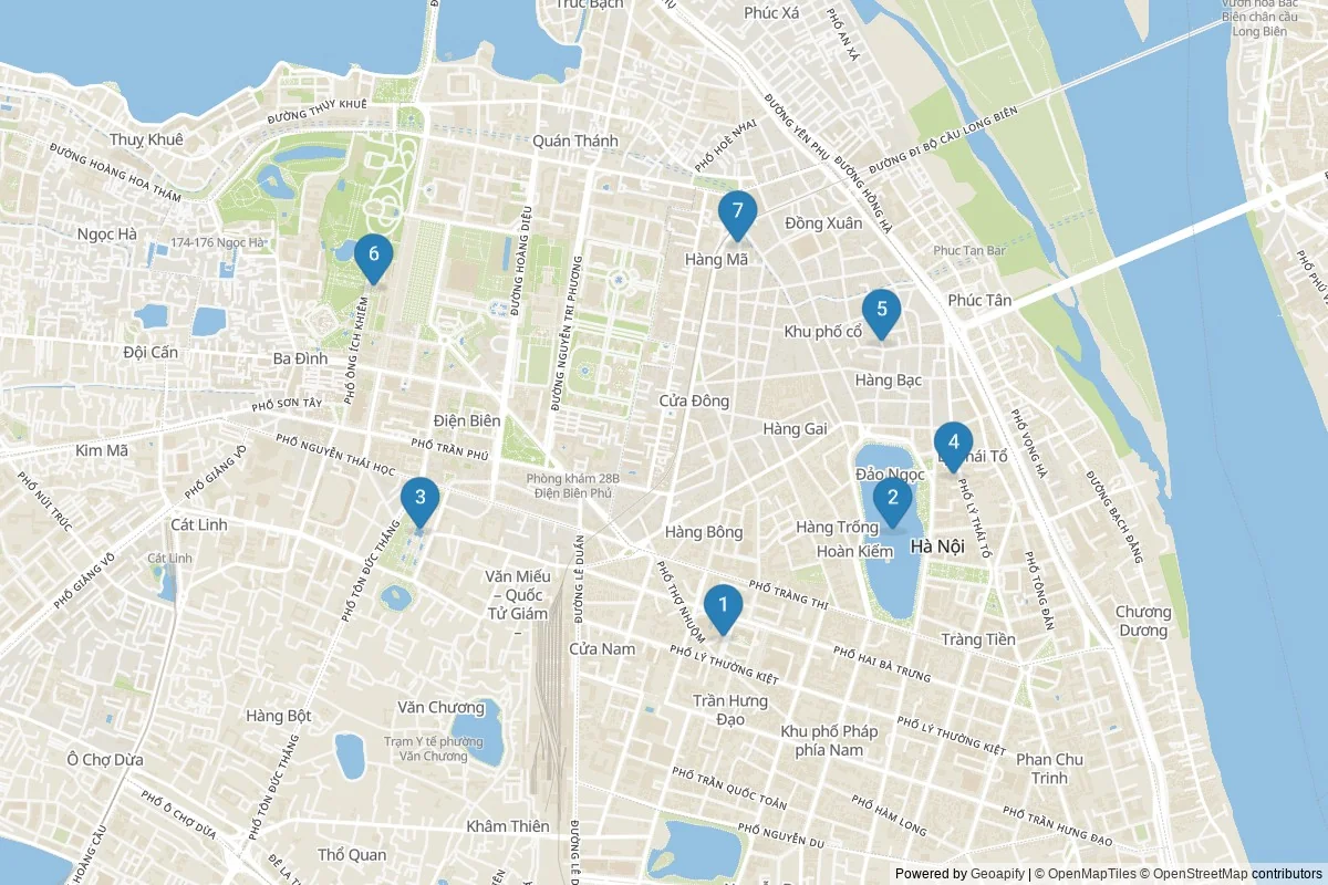 Kaart van Hanoi bezienswaardigheden — 7 POI's in 1 cluster(s); dagtochten in de tabel