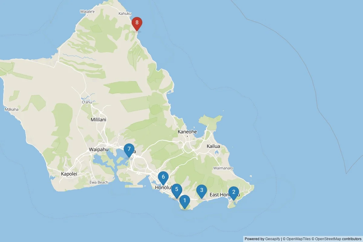 Kaart van Honolulu bezienswaardigheden — 8 POI's in 2 cluster(s); dagtochten in de tabel