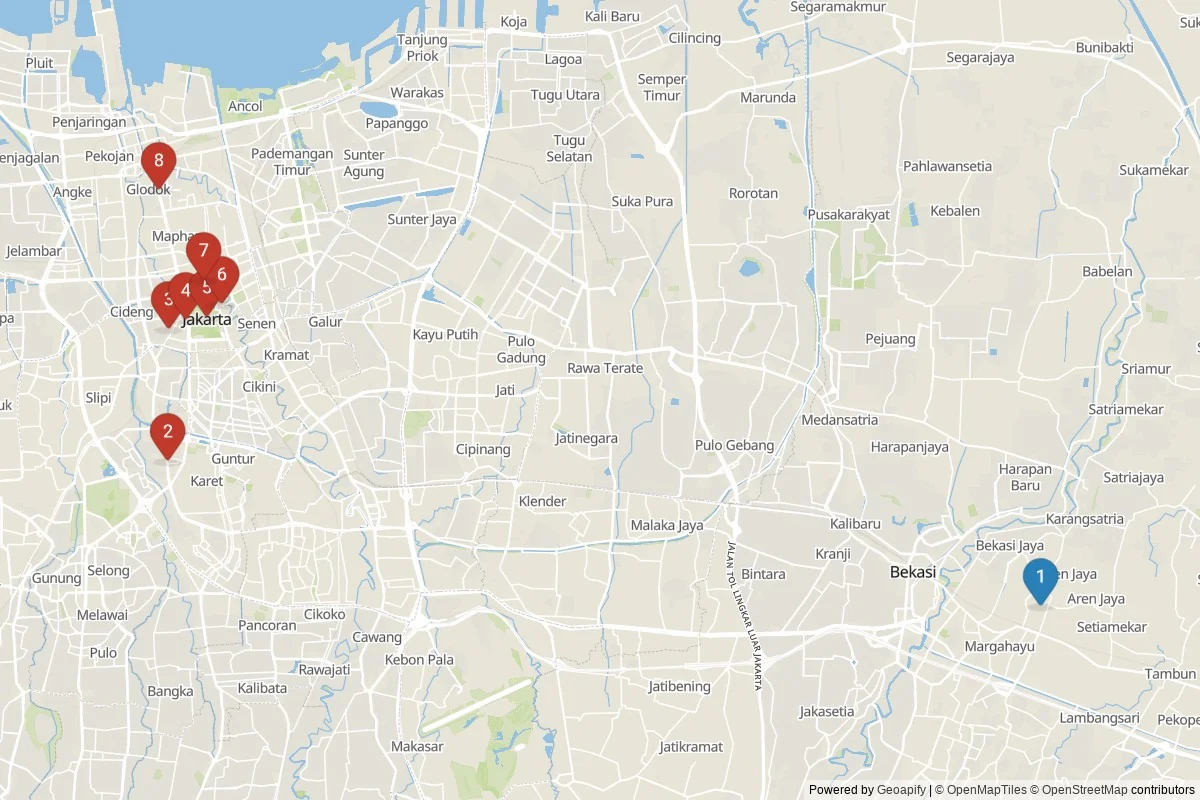 Kaart van Jakarta bezienswaardigheden — 8 POI's in 2 cluster(s); dagtochten in de tabel