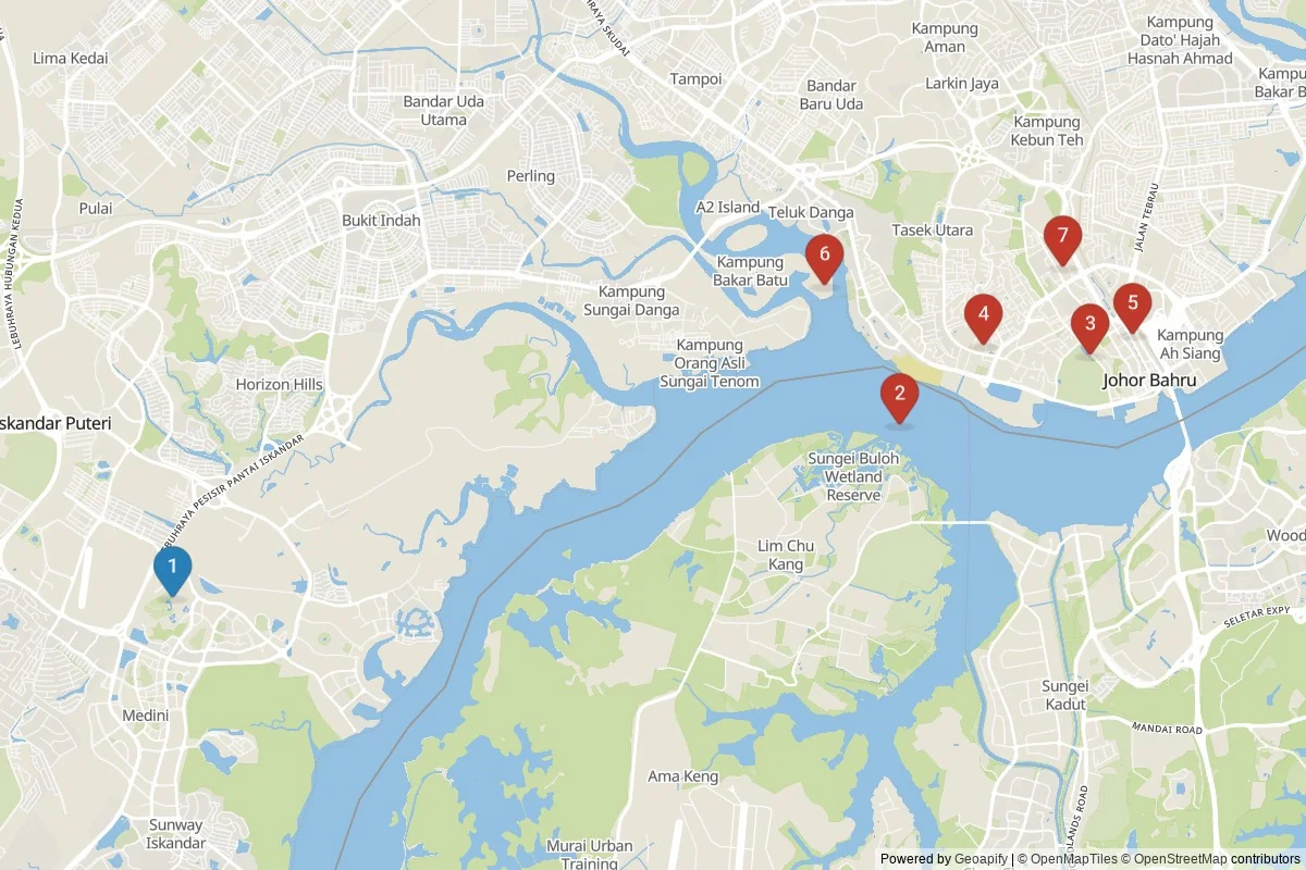 Kaart van Johor Bahru bezienswaardigheden — 7 POI's in 2 cluster(s); dagtochten in de tabel