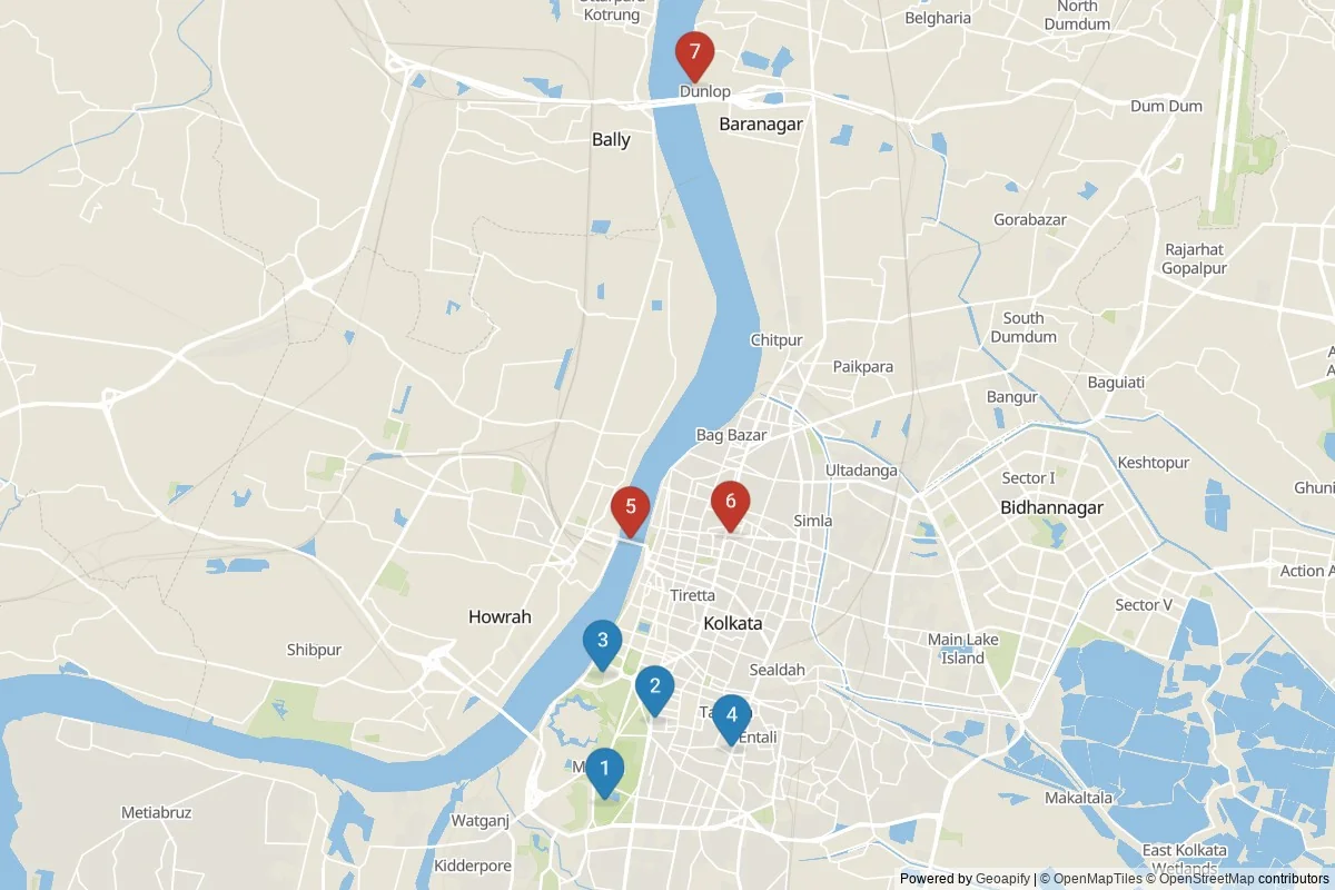 Kaart van Kolkata bezienswaardigheden — 7 POI's in 2 cluster(s); dagtochten in de tabel