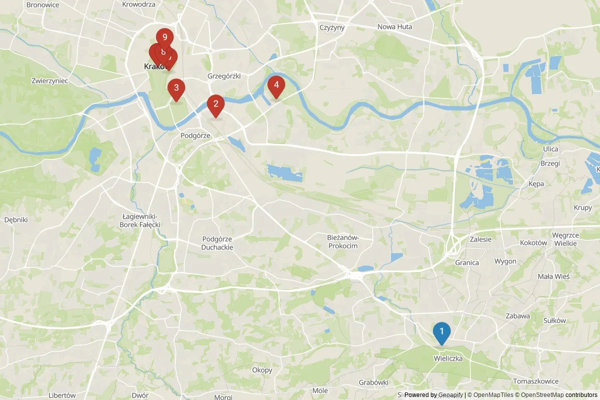 Kaart van Krakau bezienswaardigheden — 9 POI's in 2 cluster(s); dagtochten in de tabel