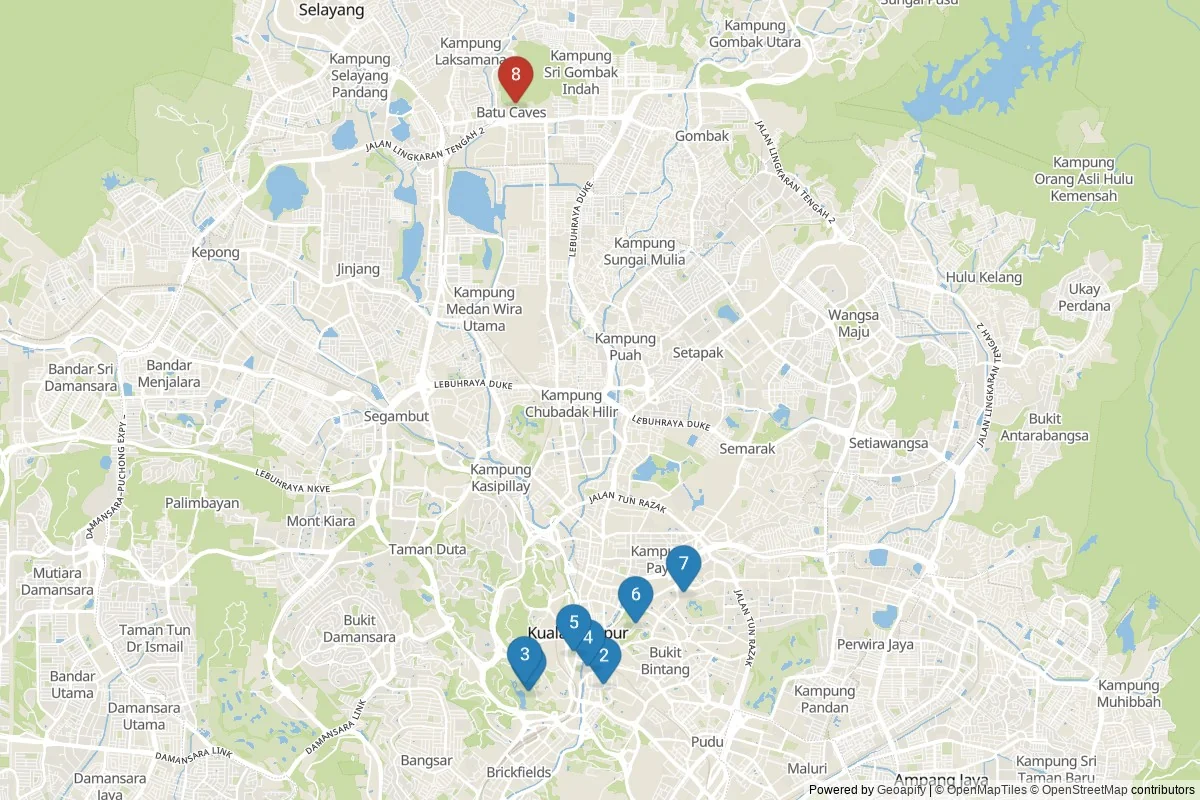 Kaart van Kuala Lumpur bezienswaardigheden — 8 POI's in 2 cluster(s); dagtochten in de tabel