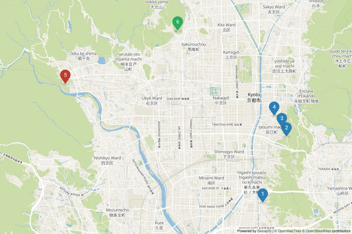 Kaart van Kyoto bezienswaardigheden — 6 POI's in 3 cluster(s); dagtochten in de tabel