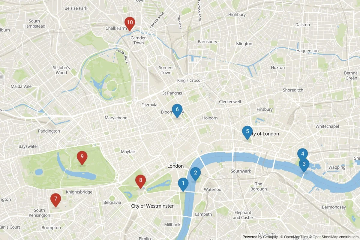 Kaart van Londen bezienswaardigheden — 10 POI's in 2 cluster(s); dagtochten in de tabel