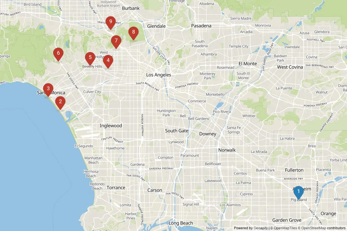 Kaart van Los Angeles bezienswaardigheden — 9 POI's in 2 cluster(s); dagtochten in de tabel