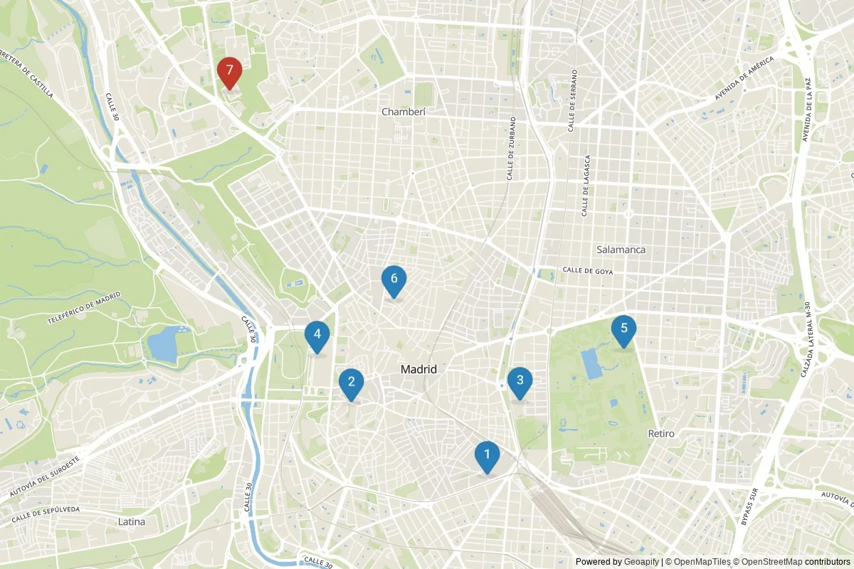 Kaart van Madrid bezienswaardigheden — 7 POI's in 2 cluster(s); dagtochten in de tabel