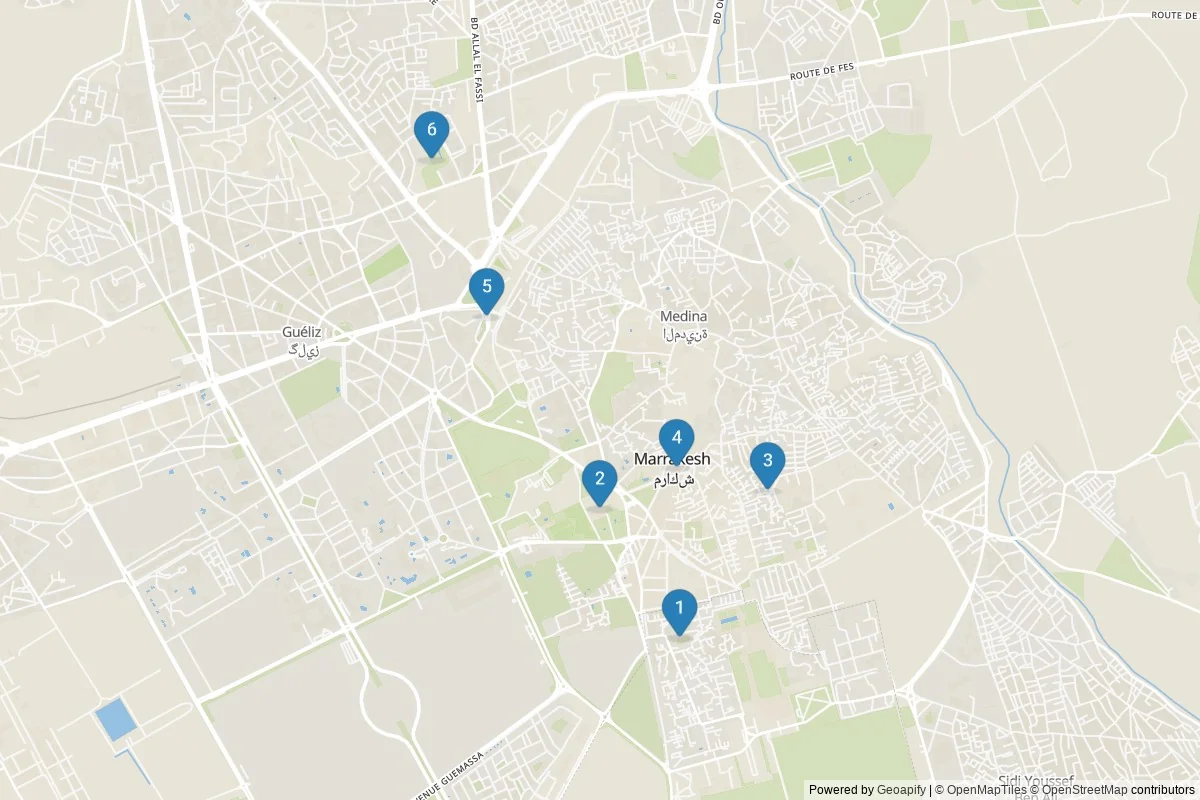 Kaart van Marrakech bezienswaardigheden — 6 POI's in 1 cluster(s); dagtochten in de tabel